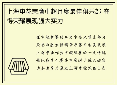 上海申花荣膺中超月度最佳俱乐部 夺得荣耀展现强大实力